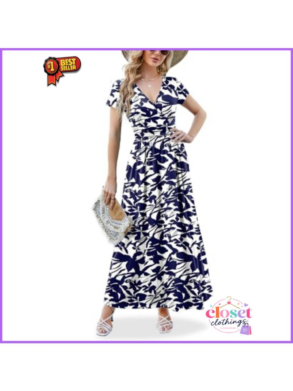 Wrap V Neck Maxi Dress Short Sleeve Empire Waist Flowy Beach Casual